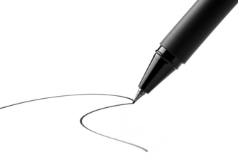 Closeup of a black pen drawing a line on a white background, isolated on transparent background