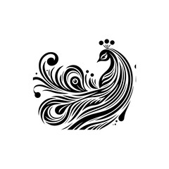 Stylized peacock illustration in black and white, featuring ornate tail feathers and a decorative crest.