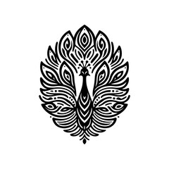 A stylized, black and white illustration of a peacock with its feathers fully displayed.
