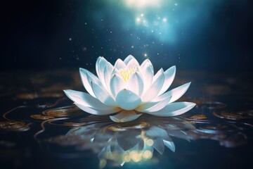 A spiritual lotus flower floating on water with a magical light and sparkling particles for meditation.