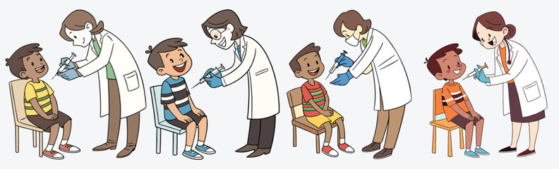 Happy kids, caring doctors! This colorful vector captures cheerful children getting vaccinated.