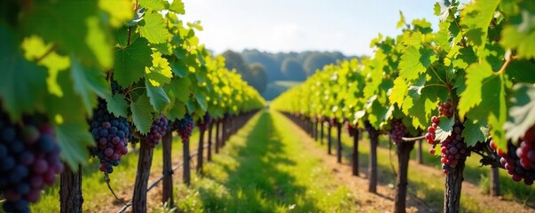 Sun-Drenched Vineyard Ripe Grapes Ready for Harvest. Rows of lush green vines laden with heavy bunches of grapes showcase the idyllic beauty of viticulture.