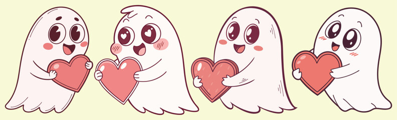 Cute cartoon ghosts holding a read hearts vector.