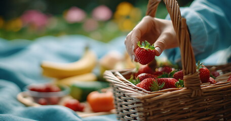 Woman's hand pulling a ripe red strawberry from a wicker basket on a vibrant green lawn. Outdoor picnic fruit selection.