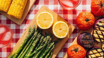 Picnic setup with fresh vegetables and lemons on a red checkered tablecloth. Healthy summer meal preparation.