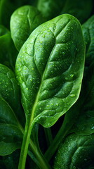 Close up of a fresh green spinach leaf with water droplets. Organic vegetable food background for healthy eating and nutrition.