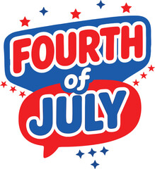 Funky Fourth of July typography in red, white, and blue speech bubbles with stars.