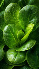 Close up of a fresh green spinach leaf with water droplets. Organic vegetable food background for healthy eating and nutrition.