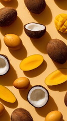 Abstract pattern of whole and half coconuts with yellow tropical fruits on a light background. Healthy food ingredients.
