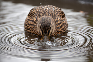 Close-up of a female mallard duck drinking water in a pond with ripples and water droplets
