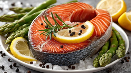 Raw salmon fillet with fresh herbs, lemon, and spices on a plate, ready for cooking and healthy eating concept.