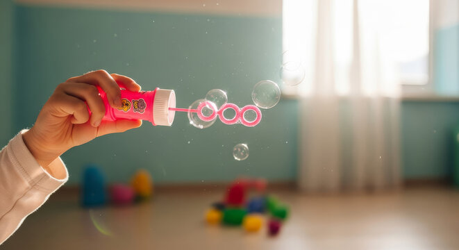 A child blows soap bubbles indoors with a pink wand near a window