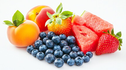 Freshly sliced watermelon and diverse berries on a clean white surface with ripe peaches. A concept of summer fruit, healthy eating, and natural sweetness.