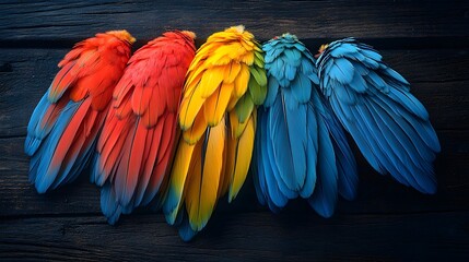 Obraz premium A striking arrangement of vibrant parrot feathers in shades of red yellow blue and green scattered on a rustic wooden table showcasing the natural beauty and diversity of these magnificent plumages