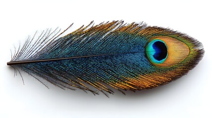 Obraz premium A close up photograph of a single vibrant peacock feather with intricate patterns and shimmering iridescent colors against a plain white background