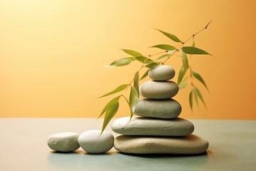 Obraz premium Stacked zen stone tower with bamboo branch on warm golden background promoting balance and harmony for mindfulness and yoga.