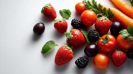 Flat lay of various fresh fruit and vegetables scattered on a white background with copy space. Raw natural food and healthy eating concept.