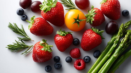 Flat lay of various fresh fruit and vegetables scattered on a white background with copy space. Raw natural food and healthy eating concept.