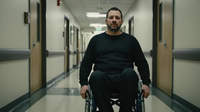 Man in black long sleeve shirt sits in a wheelchair in a hospital hallway view