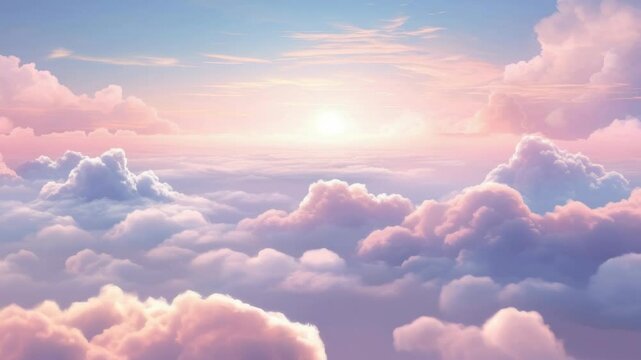 A serene, dreamy sky with fluffy pink clouds at sunrise, captured from a low angle. Ideal for a tranquil video backdrop or calming visual content. Live desktop wallpaper.