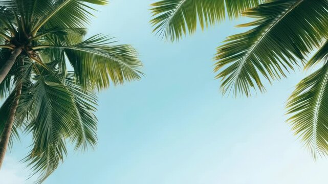 A serene, tropical vibe with palm leaves against a clear blue sky. Captured from a low angle, perfect for a relaxing video backdrop. Live desktop wallpaper.