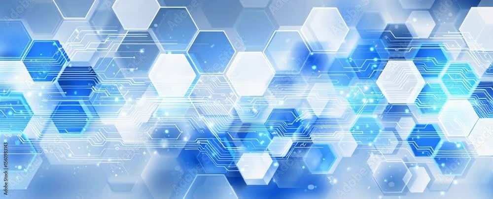 Poster Abstract background with a hexagonal pattern and circuit board elements in blue and white color for a technology or digital concept Generative AI