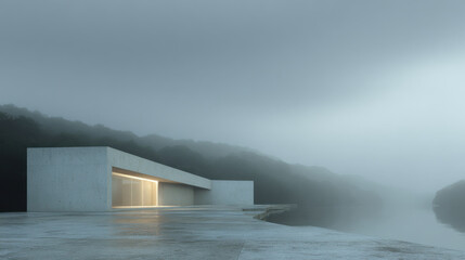 modern capsule house with glass walls perched on cliff surrounded by serene forest