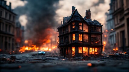 Obraz premium Building engulfed in flames amidst a war torn city with smoke and destruction