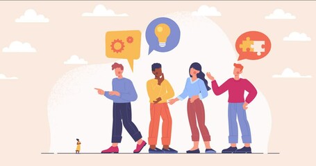 Public communication. Moving banner with different men and women discussing different business and social topics. Thoughtful characters thinking about various things. Flat graphic animated cartoon - Powered by Adobe