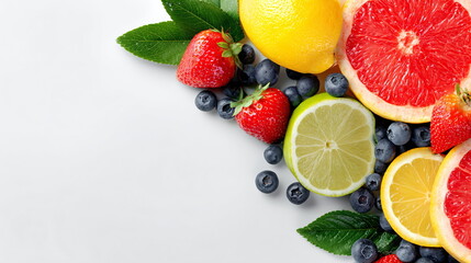 Fresh bright summer fruit assortment with citrus slices and berries. Healthy food and vegetarian snack concept.