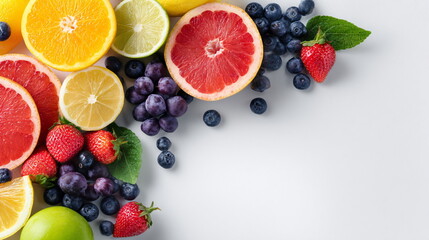 Fresh bright summer fruit assortment with citrus slices and berries. Healthy food and vegetarian snack concept.