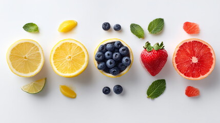 Fresh bright summer fruit assortment with citrus slices and berries. Healthy food and vegetarian snack concept.