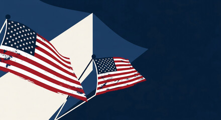 Fototapeta premium Patriotic American flags waving proudly against a dark blue background. A grunge texture adds a vintage feel, perfect for Independence Day, Memorial Day, or Veterans Day designs