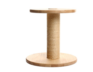 A beige cat scratching post with a wooden base, isolated on white, essential for feline entertainment and claw health.