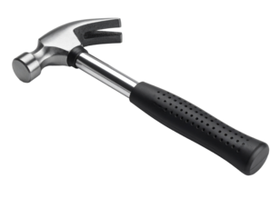 A claw hammer with a black handle, isolated on a white background, a common tool for construction and home repair.