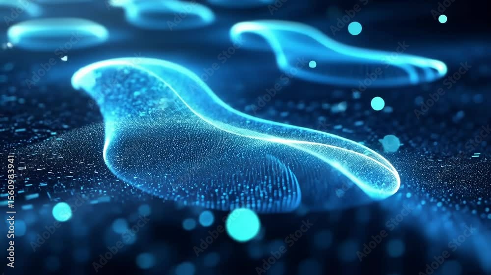 Poster glowing blue digital footprint data trail flows across dark binary code background, representing onl