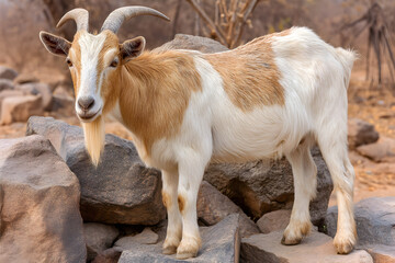 Portrait of a domestic goat standing on rocky terrain in a dry, arid landscape
