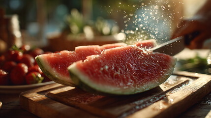 A woman stands in a bright kitchen, with a slice of fresh watermelon on a cutting board in the foreground. Healthy eating lifestyle.