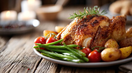 Whole roasted chicken with potatoes and tomatoes on a plate on a wooden table. Delicious homemade meal for dinner or festive occasion.