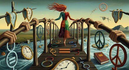 Surreal Journey Woman Walking on a Bridge of Time and Peace Symbols