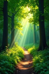Obraz premium Sunlight Dapples Lush Forest Path Vibrant Green Canopy, Relaxing Nature Scene