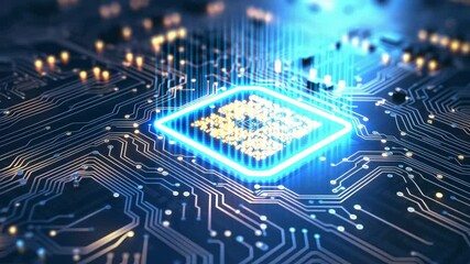 A close-up, top-down view of a glowing microchip on a circuit board, showcasing futuristic technology. Ideal for tech-themed video content. - Powered by Adobe