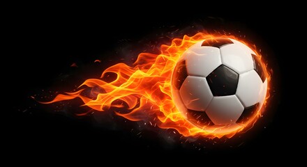 Naklejka premium Soccer ball engulfed in flames and smoke on a black background