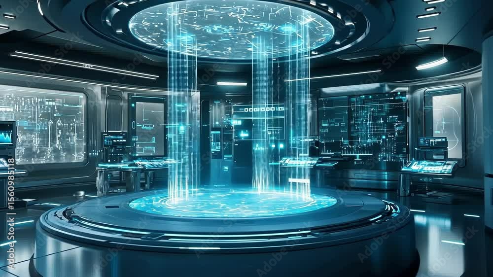 Poster inside a futuristic control room, digital data streams flow from a circular ceiling projection onto 