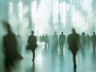 Long exposure shot of crowd of business people walking in bright office lobby fast moving with blurry - ai