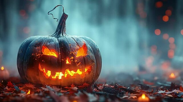 halloween pumpkins on fog background footage