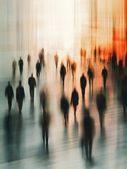 Long exposure shot of crowd of business people walking in bright office lobby fast moving with blurry - ai