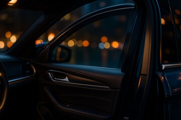 Dark colored car interior detail at night open door city lights blurred in background