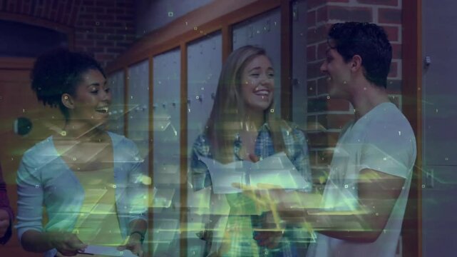 Students in hallway pulling envelopes, tearing sheets revealing exam results with animated icons