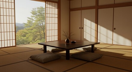 Serene Japanese Tea Room Minimalist Design and Tranquil View